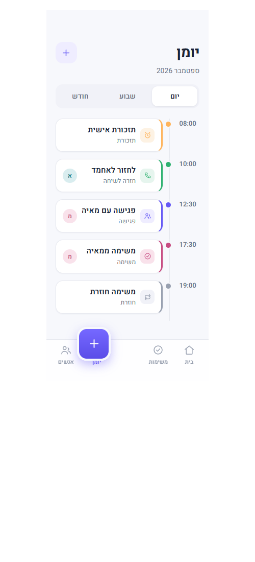 מסך יומן פגישות וציר זמן ב-TaskFup
