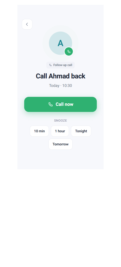 TaskFup call follow-up and smart snooze screen