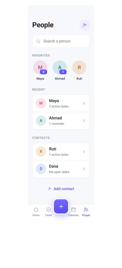 TaskFup contacts and shared tasks relationship screen
