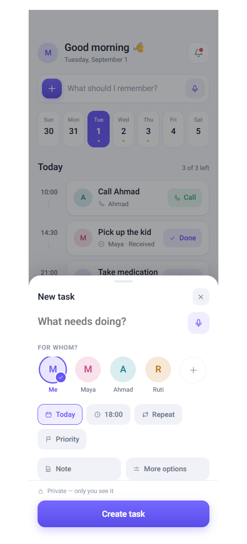 TaskFup Quick Add sheet for personal reminders